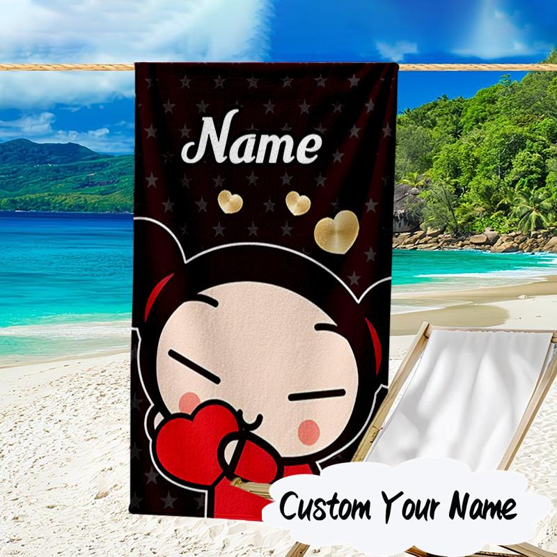 Custom Name Heartfelt Pucca Moment Microfiber Beach Towel Super Soft & Absorbent for Bath, Beach, Travel Bath Time Accessory, Fan gifts