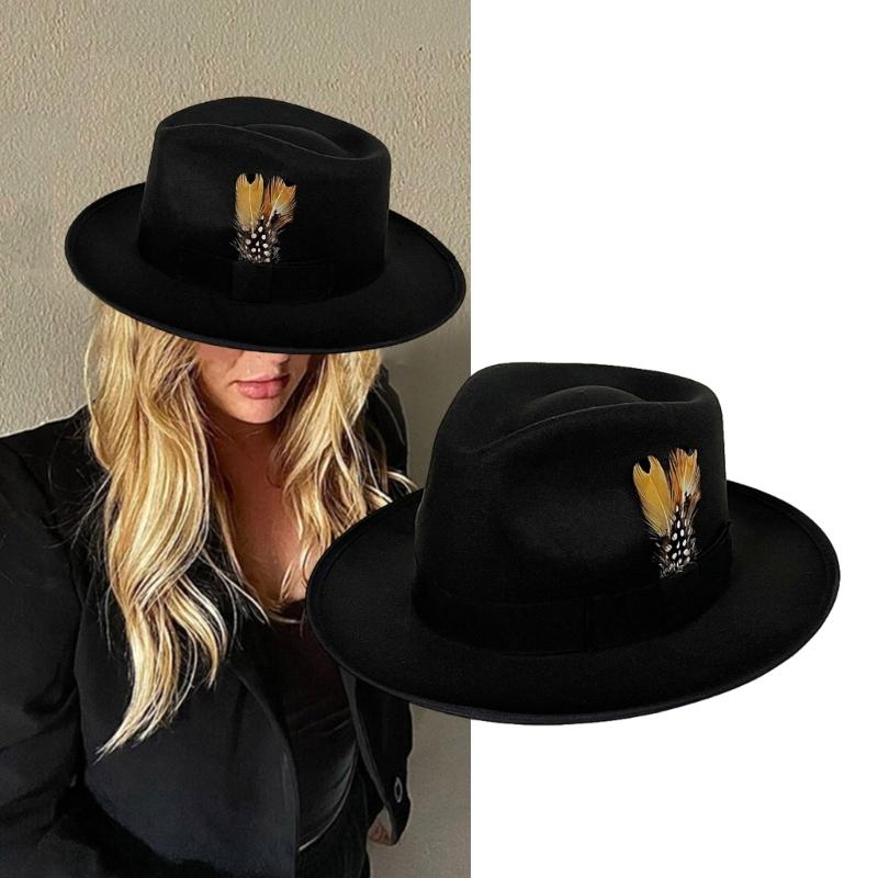 Black Fedora Hat for Men Women Party Hat with Feather Cosplay Costume Flat Top Hat Hippies Cap Stage Performances Props