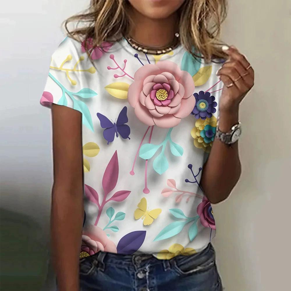 Dámský top s krátkým rukávem, 3D potiskem, sváteční, víkendový, základní, kulatý výstřih, regular flower tričko