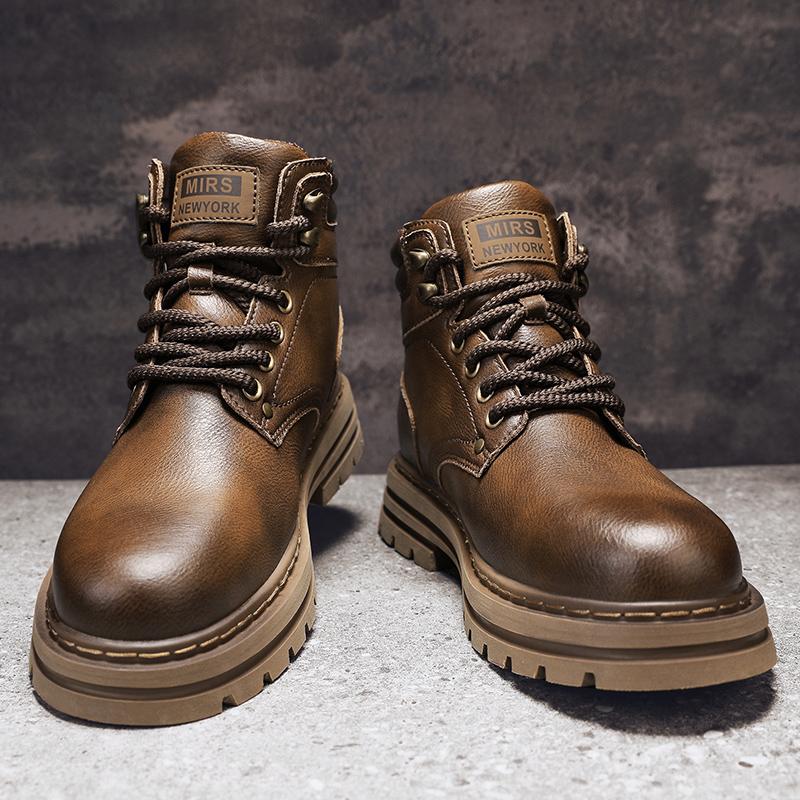 Fashion Autumn Winter Motorcycle Boots Handmade Vintage Mens Walking Shoes Casual Leather Ankle Boots Round Toe Lace-up Outdoor Footwear