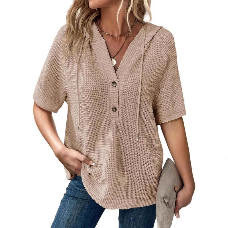 Womens Summer Waffle Knit Short Sleeve Hooded V Neck Button Drawstring Loose Shirt