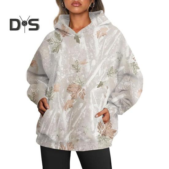 Fall Winter Women Hoodie Leaf Print Big Pocket Long Sleeves Thick Warm Loose Hooded Camouflage Daily Sport Top