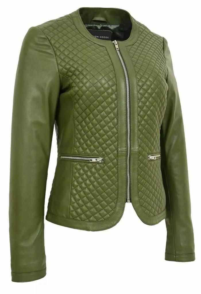 Stylish Biker Motorcycle Women's Jacket Green Genuine Lambskin Leather Handmade