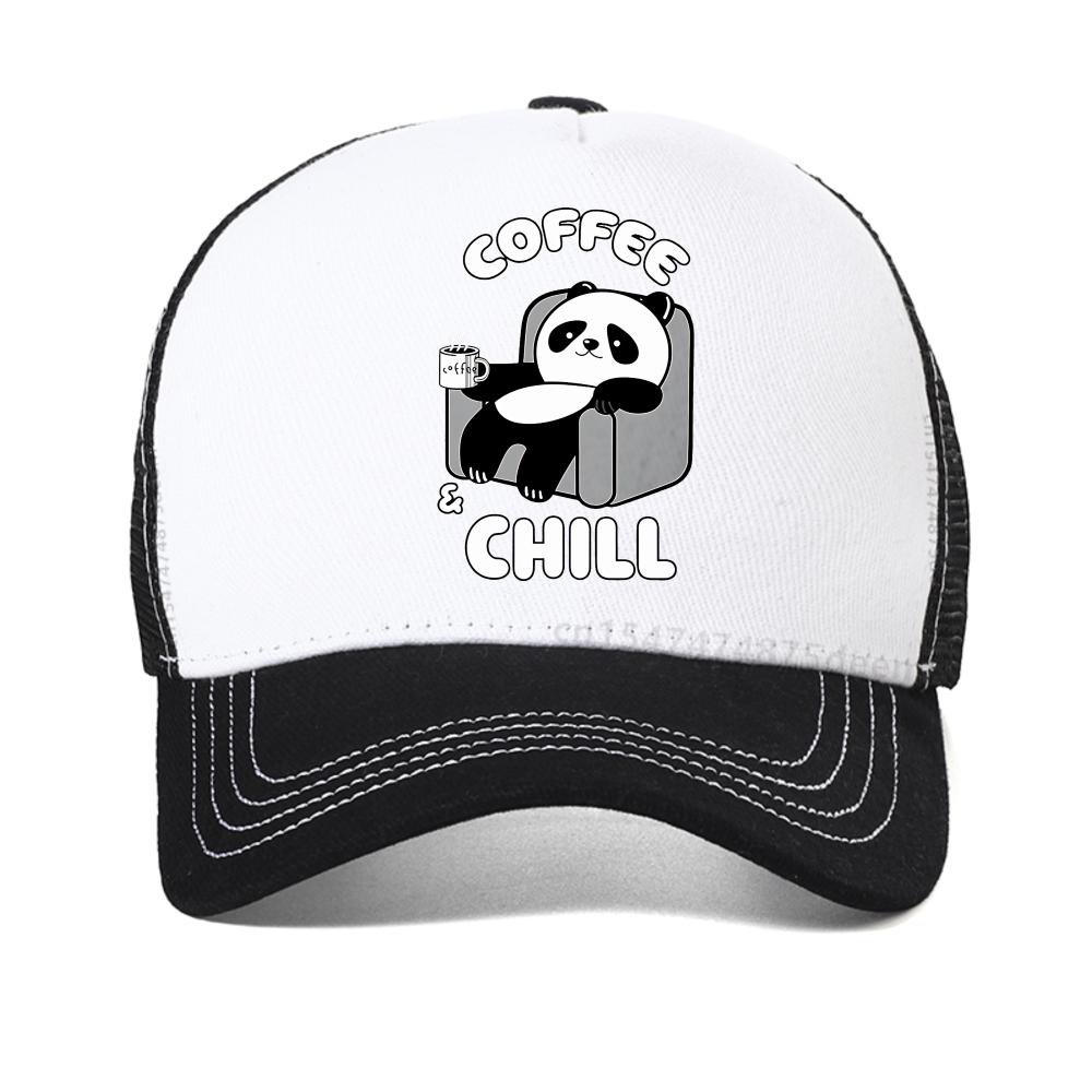 Coffee Chill Panda Enjoying Time Baseball Cap Men Women Summer Casual Snapback Hat Breathable Mesh Trucker Hats Outdoor Sun Hat