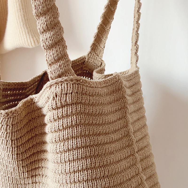 Large-capacity Brown Knitted Women's Shoulder Bag Vintage Handbag Vacation Crocheted Beach Bag Simple Shopping Bag