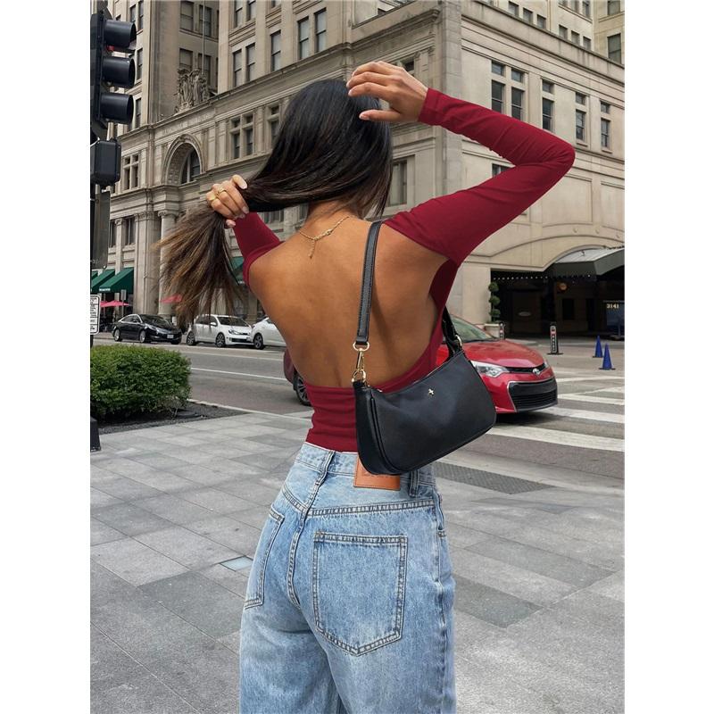 Damen Slim Top Langarmshirts Basic Crop Tops Ausgehmode Einfarbig Rundhals Layer Slim Fit Tops