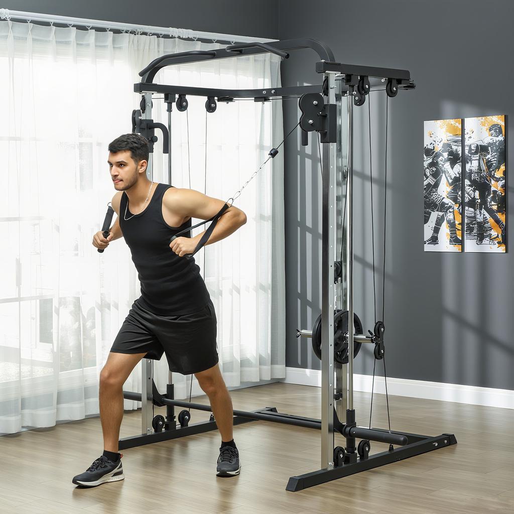 Weight Training Station Cable Pull Station Squat Rack Cable Cross-Over Bar 210 X 132 X 225 Cm Black