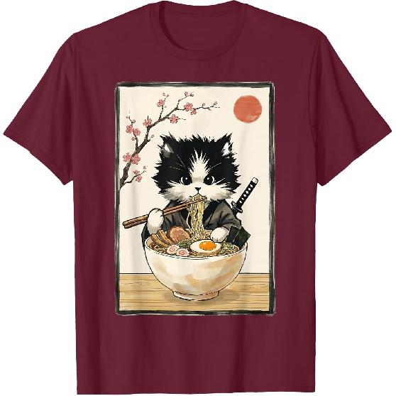 Samurai Cat Japanese Art Ramen Novelty Kawaii Funny Cat T-Shirt