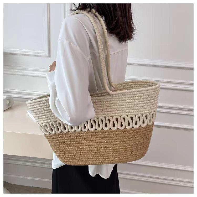 Retro Style Women's Color Block Large Cotton Rope Woven Beach Bag