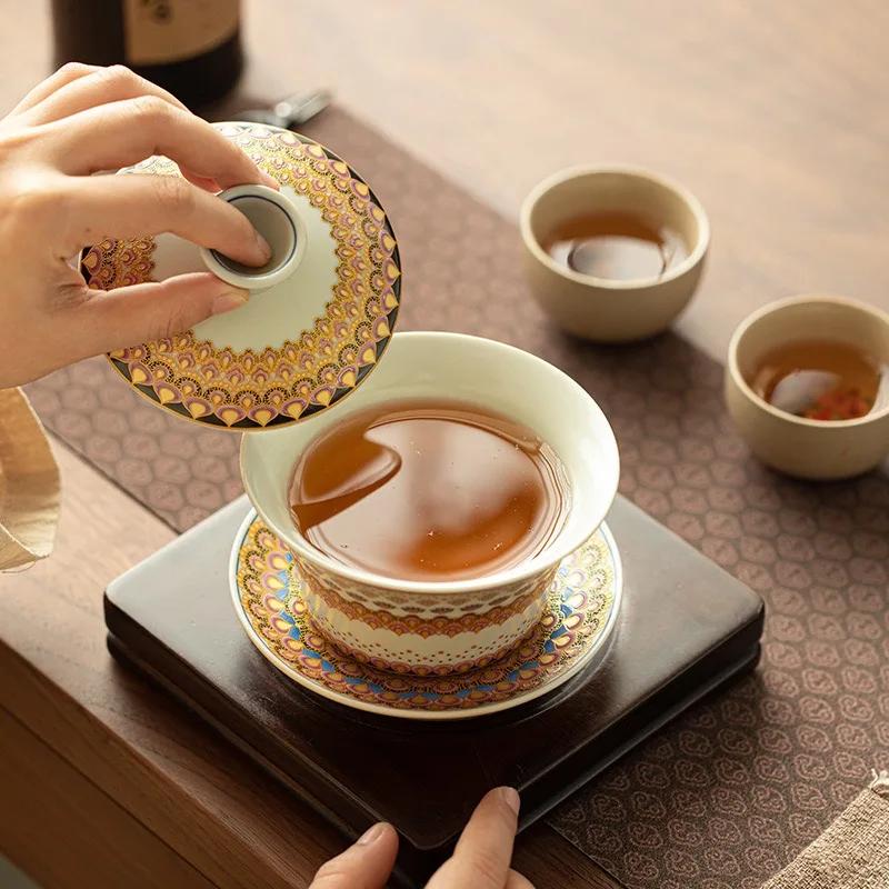 Jingdezhen Imitation Song Ru Kiln Enamel Color Tea Bowl Gold and Jade Full Hall Three Talent Cover Bowl Ceramic KungFu Tea Bowl