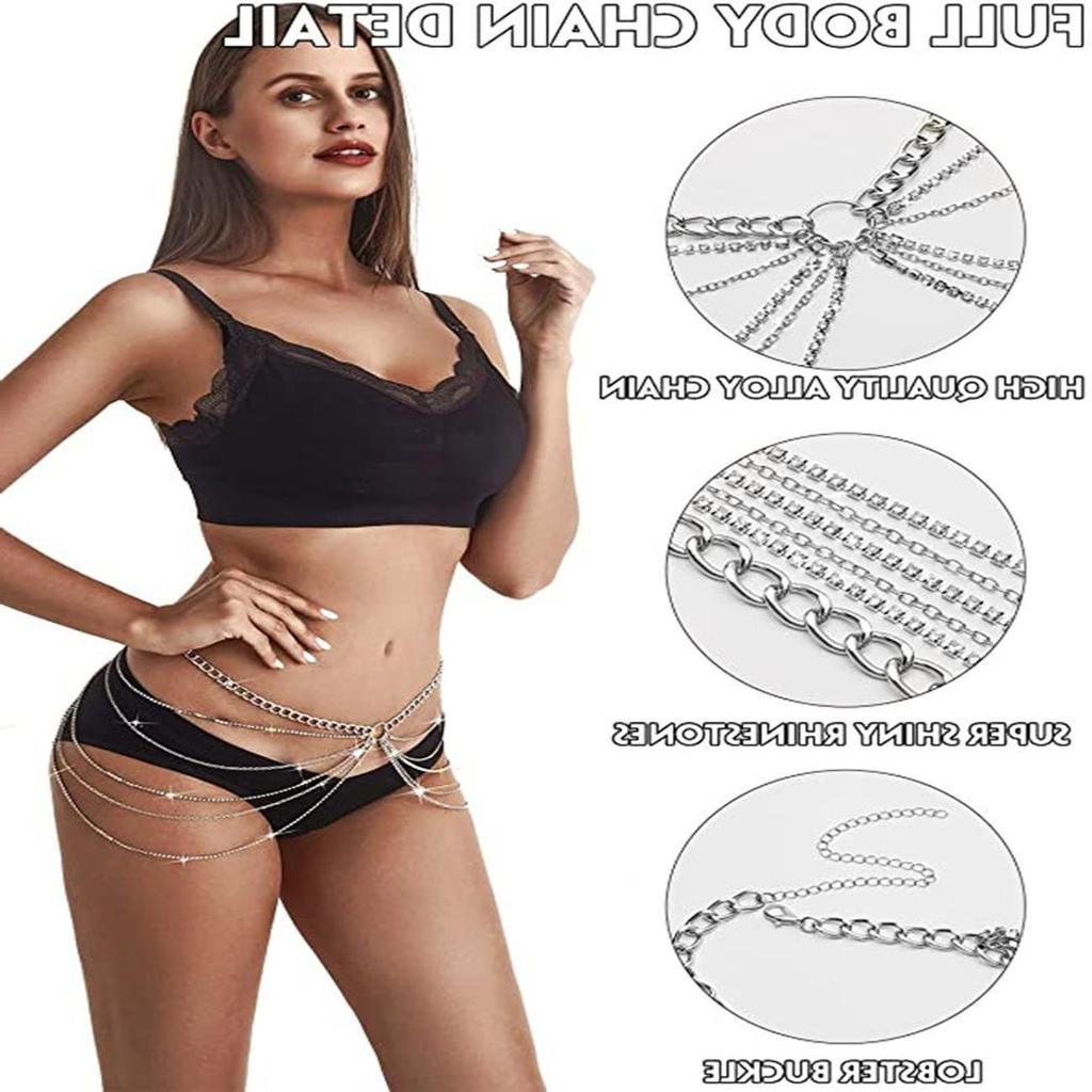Rhinestone Waist Chain Layered Bikini Body Chain Beach Vacation Women  Fashion Jewelry Accessories Gift Box Chic Styles