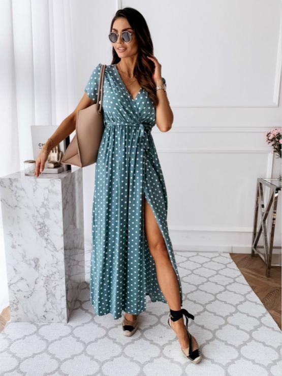 Rochie cu imprimeu cu buline la modă pentru femei Rochie cu bandaj cu fante sexy cu decolteu în V Rochie cu mânecă scurtă