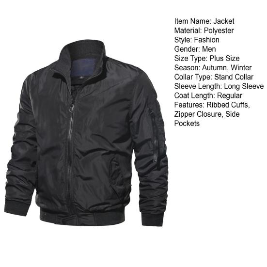 Stand Collar Long Sleeves Slant Pockets Ribbed Cuffs Casual Jacket Autumn Winter Thickened