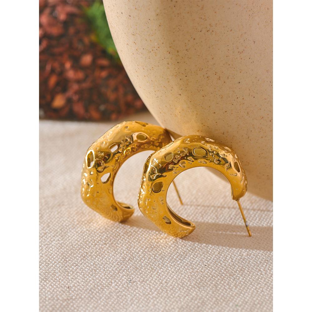 Yhpup 316L Hammer Stainless Steel Metal C-Shape Vintage Earrings Waterproof  Women 18K Gold Plated Attractive Statement  Jewelry