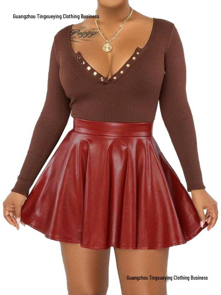 Women's Sexy Solid Color PU Mini A-line Skirt