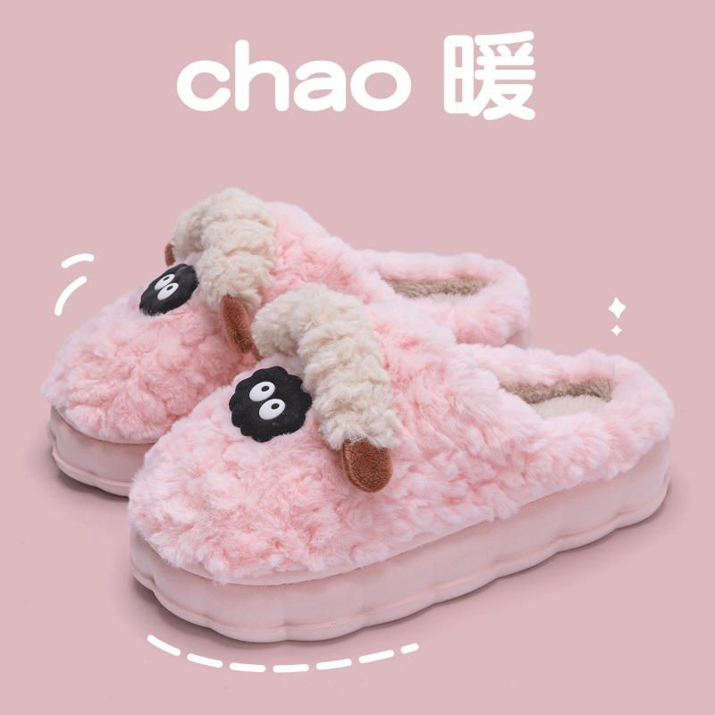 Cute cotton slippers women's winter indoor home thick bottom velvet warm couple plush cartoon lamb cotton drag men