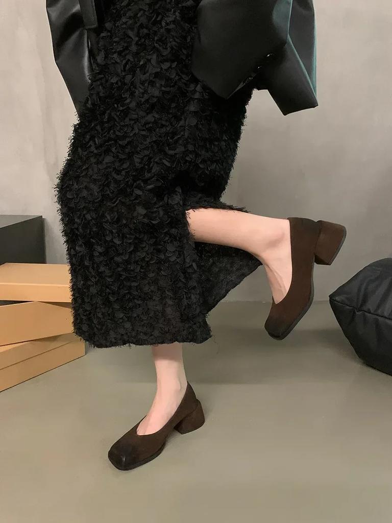 Retro Style Thick Heel Women Square Toe Shoes 2024 Shallow PU Leather Single Shoes Ladies Comfort Office Pumps