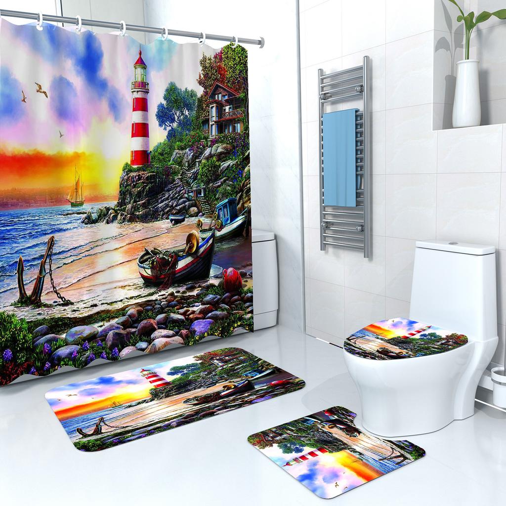 Shower Curtain Digital Printing Shower Curtain Lighthouse Landscape Polyester Bathroom Partition Curtain Bathroom Four-Piece Set