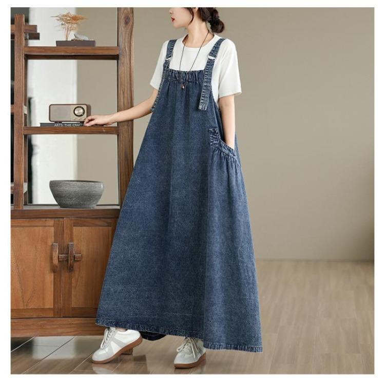 Vintage Denim Maxi Dress Women Plus Size Loose Casual Basic Sleeveless Long Dress Cotton