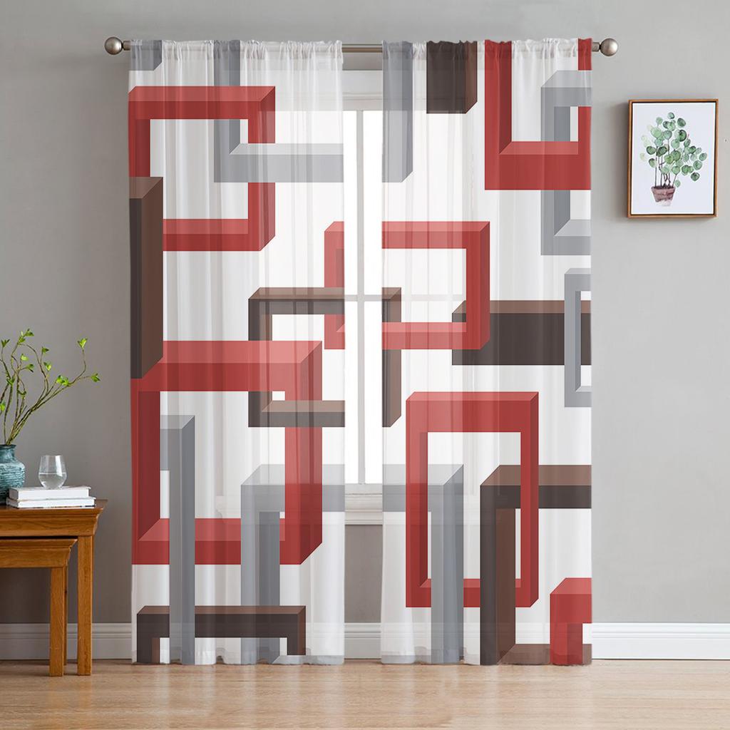 Abstraktní geometrické čtverce Umění Černá Červená Průsvitná Závěs Obývací pokoj Potištěný tyl Okenní Závěs Luxusní domácí Balkon Dekor Závěsy