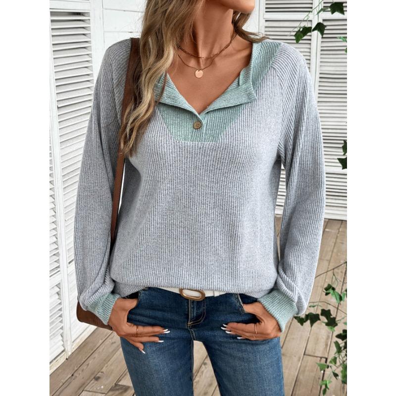 Womens Color Block V Neck Loose Long Sleeve Knit Sweater