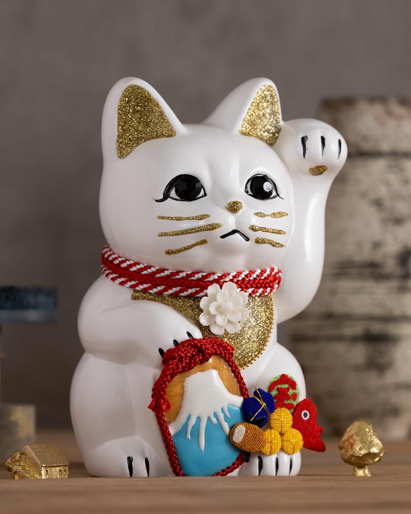 Lucky Cat Mount Fuji Left Paw Raised Ceramic Lucky Cat Fujiyama Auspicious Feng Shui Ornament Offering Box (M-SIZE White) / _ Maneki-neko (fj_M White)
