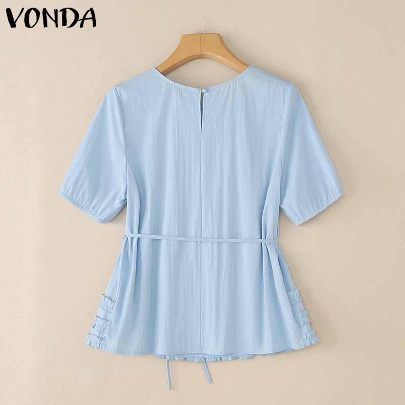 VONDA Women Summer Short Sleeve Lace-up Waist Ruffled Hem Casual Blous
