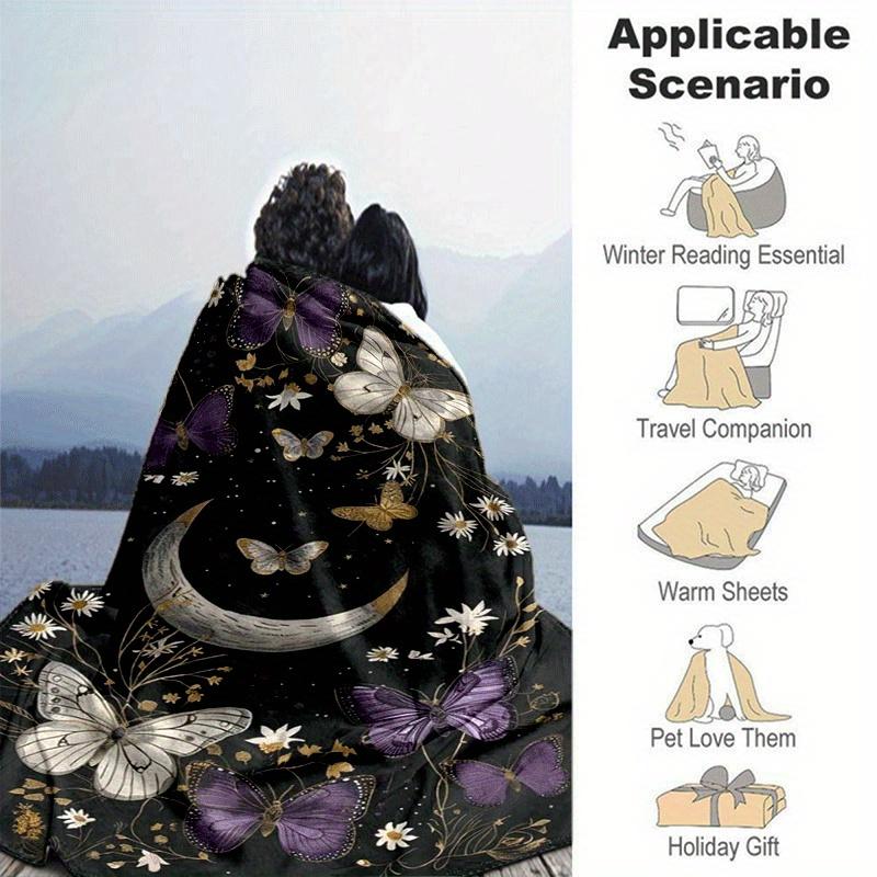 1pc Moon Butterfly Printing Lightweight Flannel Blanket, Comfortable and Warm Blanket, for Camping Sofa Bed and Couch Office, Gift