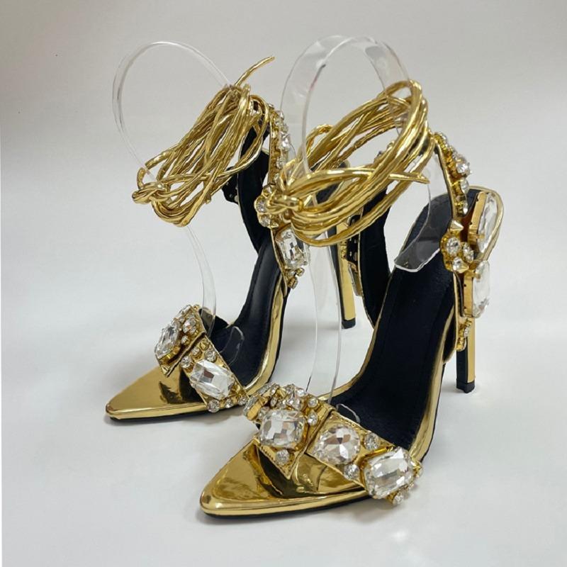 Eilyken Summer Stilettos Heels Rhinestones Sandals Women Pointed Toe Ankle Strap Crystal Wedding Ladies Shoes