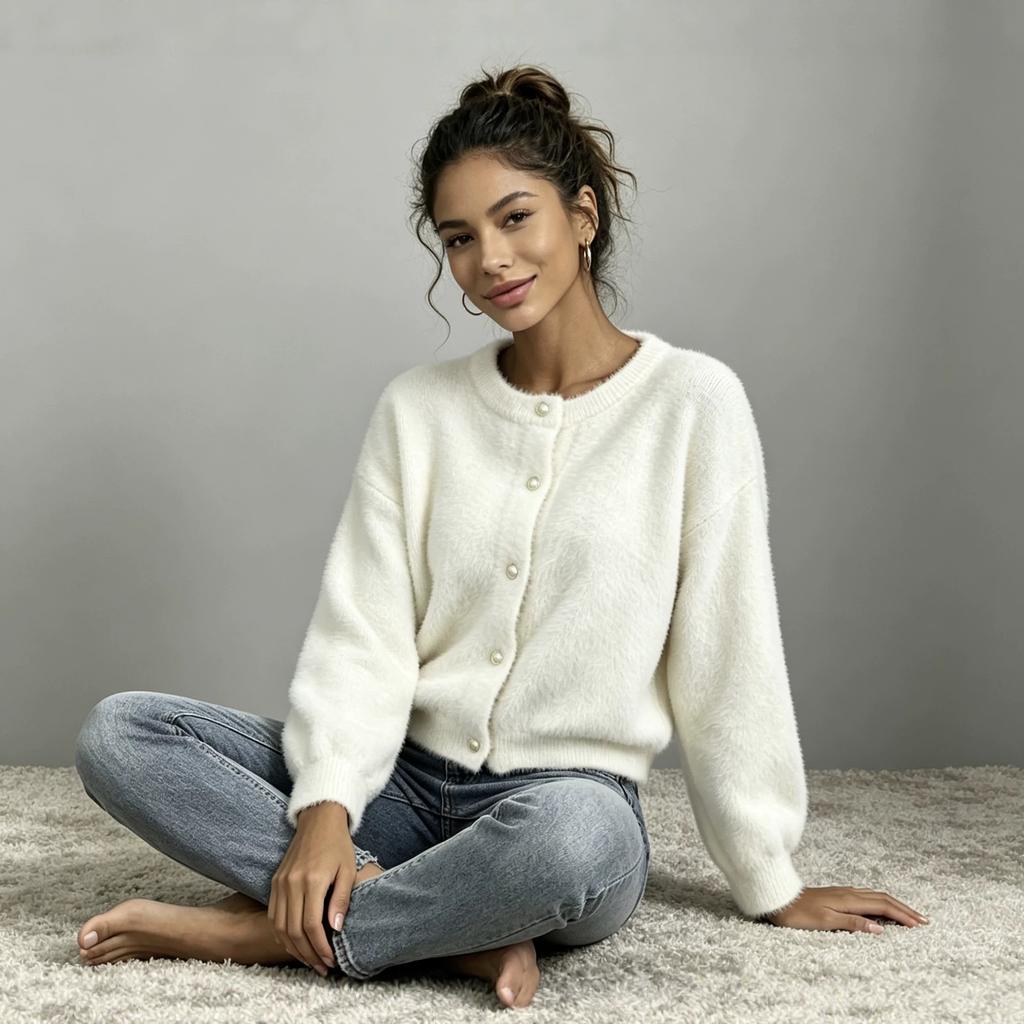 Cross-border Amazon Hot-selling Crew Neck Pearl Buckle Imitation Mink Sweater Jacket Short Solid Color Knitted Cardigan Women