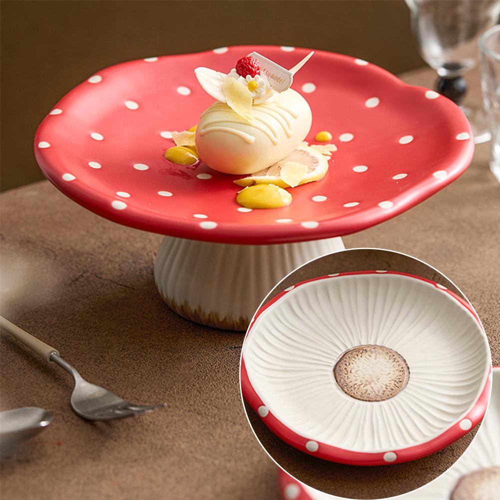 Red Mushroom Ceramic Plate New Cutlery Bowl High-looking Western Plate Tea Desserts Tray Household Decorative Food Afternoo U7L5