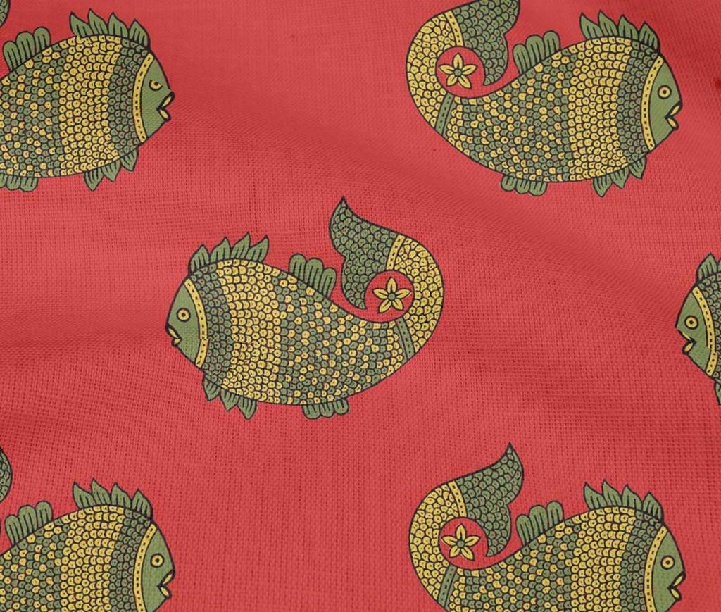 oneOone Cotton Flex Fabric Fish Block Printed Fabric 1 Yard 40 Inch Wide