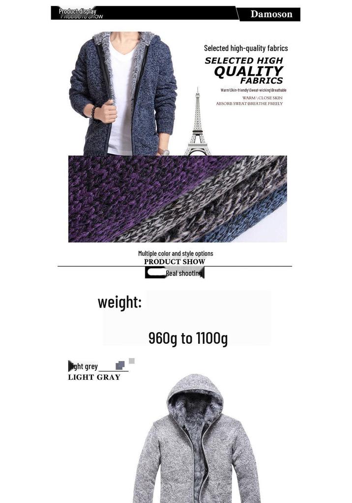 Men's Plus Size Hooded Zipper Knit Fleece Cardigan - European & American Style Sweater Coat Outerwear