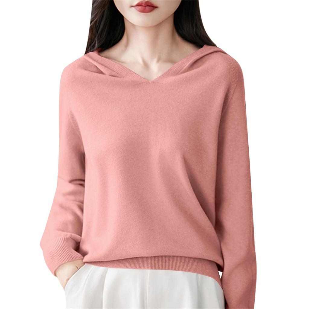 Women's Fashion Long-Sleeved -Colour V-Neck Hooded Knitted Sweater Warm Sweatshirt Knitwear