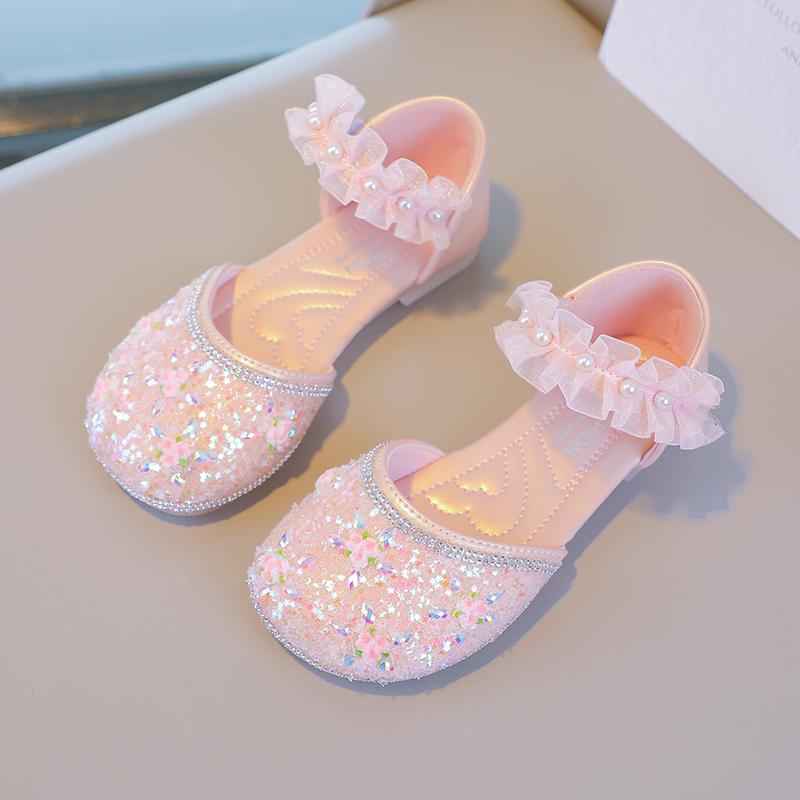 

Girls Princess Shoes Lace Sweet Shiny Sequins Kids Dance Shoes Cute Flowers 2025 Summer New Children Half Sandals Non-slip Soft 23 розовый