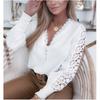 Spring and Autumn Ladies White Long Sleeve V-Neck Lace Splicing Casual Shirt