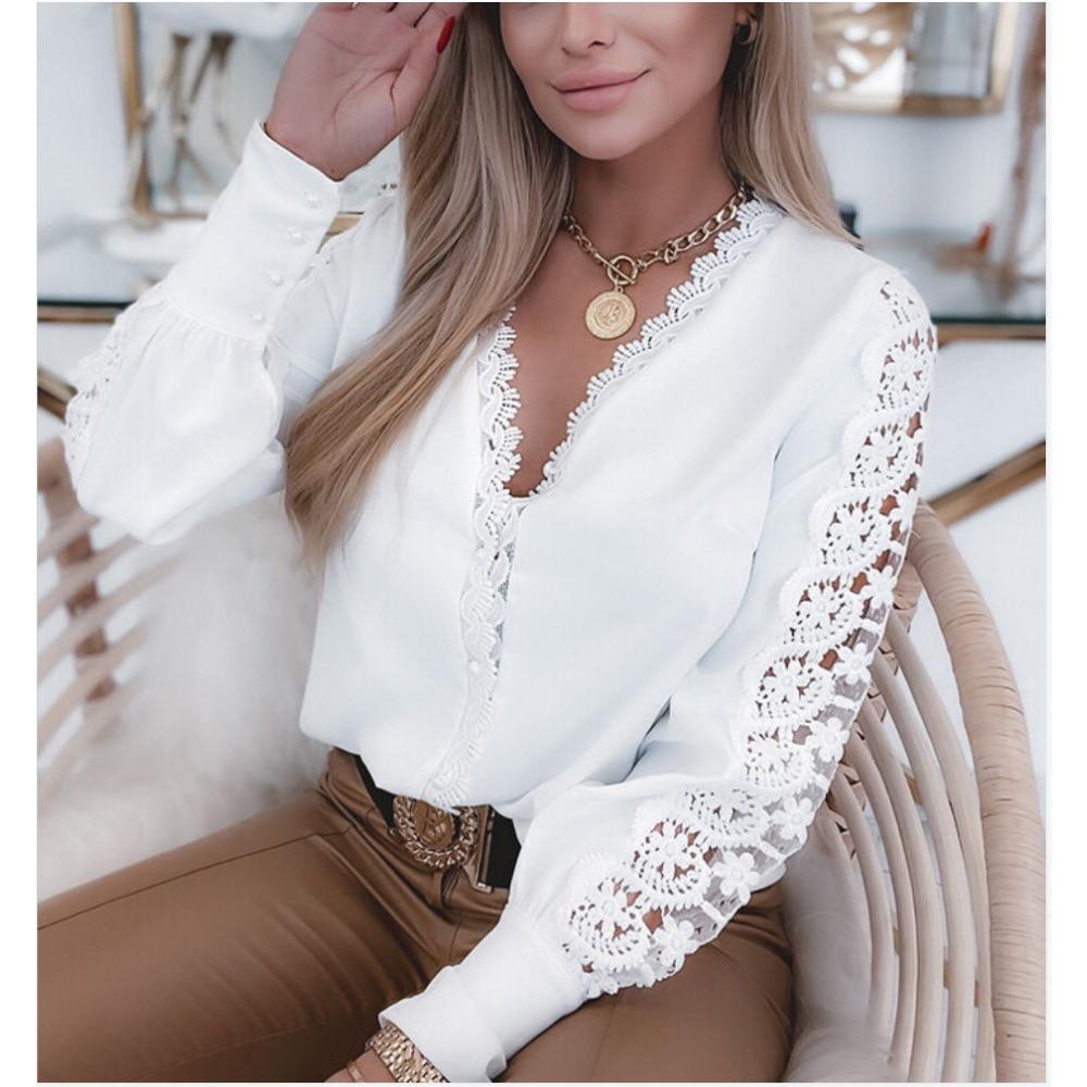 Spring and Autumn Ladies White Long Sleeve V-Neck Lace Splicing Casual Shirt