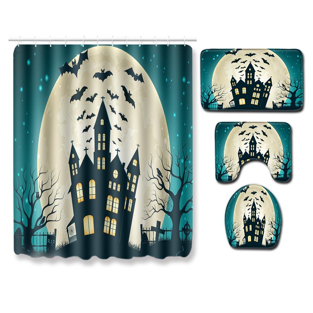 Halloween Shower Curtain Floor Mat Combination Four-Piece Set Bathroom Toilet Carpet Shower Room Mat Foot Mat