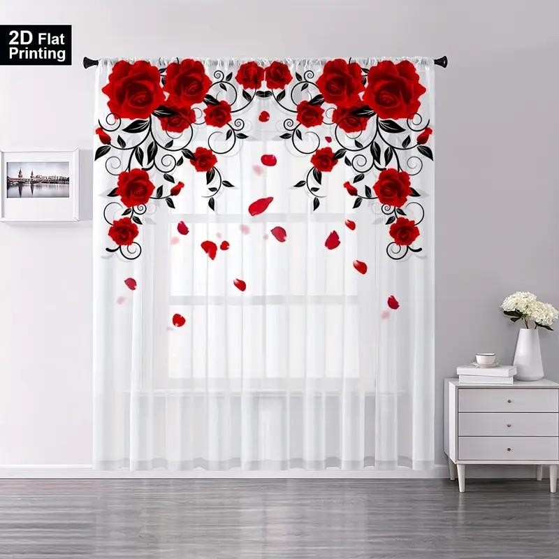 

1 piece of bright red rose curtains: suitable for bedrooms/Valentine s Day, romantic style, pole style gauze curtains 39Wx51L(100x130cm)X2&Rod Pocket