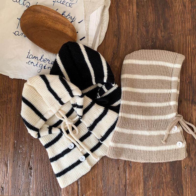 Baby Striped Balaclava Hat Warm Knitted Beanie Cap Kids One Piece Pullover Hats Children Winter Ear Protection Hooded Beanies