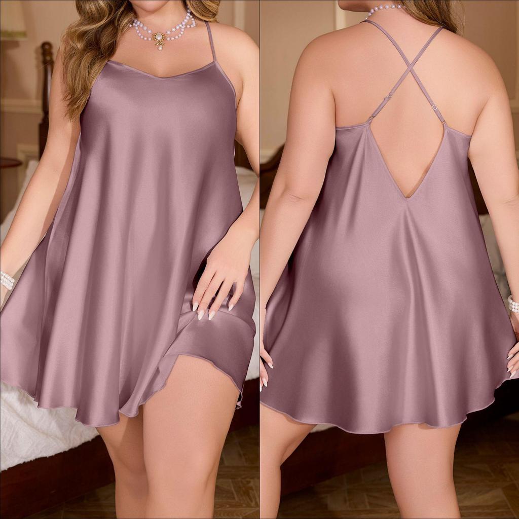 Yaoting Plus Size Ice Silk Spaghetti Strap Nightdress – Women's Summer Solid Color Pajamas, Style SQ22148