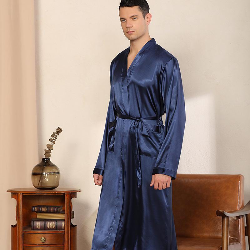 Herren Kimono Morgenmantel einfarbig: Leichter, locker sitzender, langärmliger, glänzender Bademantel für Frühling/Herbst European size XXL blau