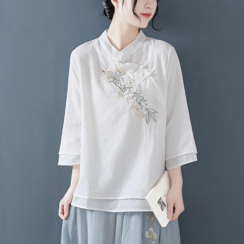 Koszule Damskie Długi rękaw Lniana Koszula Zapinana na guziki Bawełniany Haft Vintago Plus Size Damskie Top Bluzka Dekolt O Casual Biały