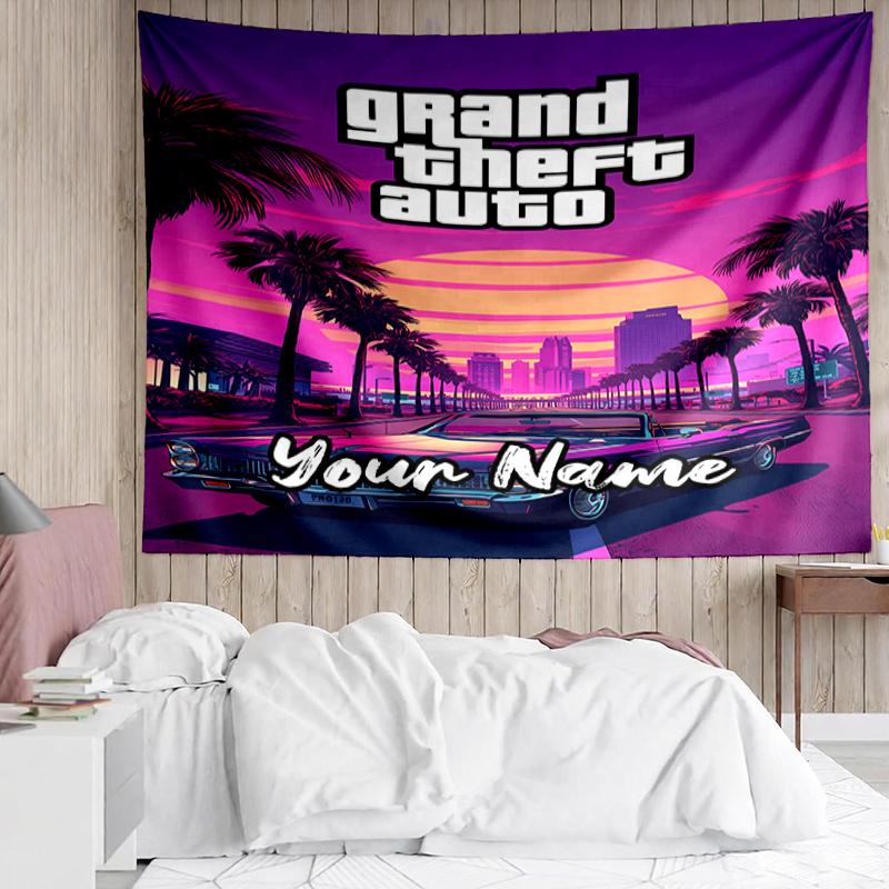 Tapiserie s potiskem GTA 6 na míru, Pozadí, Snadné zavěšení, Ideální do ložnice, kanceláře a obývacího pokoje, s estetickou dekorací na zavěšení na zeď.