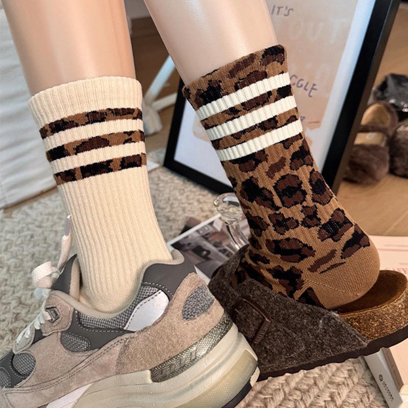 Women's Mid-Calf Socks - Polka Dot & Leopard Print, Trendy Korean Style, Knee-High, Versatile, Non-Slip, Spring/Autumn Fashion.