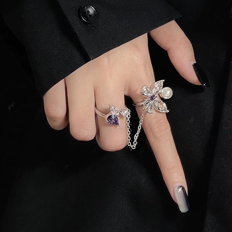 Nischendesign 2-teilige Kette Schmetterling Perle Zirkon Persönlichkeit Süß und Cool Offener Ring Weiblich Kalter Wind