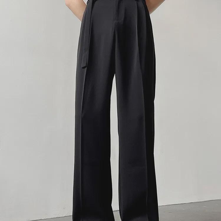 Men's Spring Japanese-Style Black Wide-Leg Trousers - Light Luxury Drape, Loose Fit, Straight-Cut.