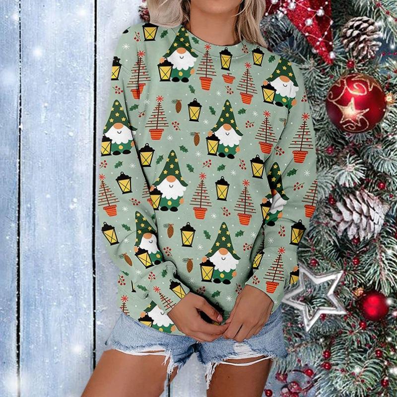 QICED Women's Christmas Snowman Print O-Neck Long Sleeve Autumn Casual Pullover Top
