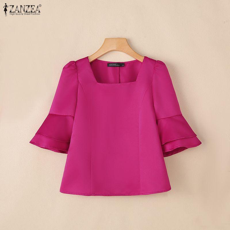 ZANZEA Women Casual Square Collar Flare Half Sleeve Summer Blouse