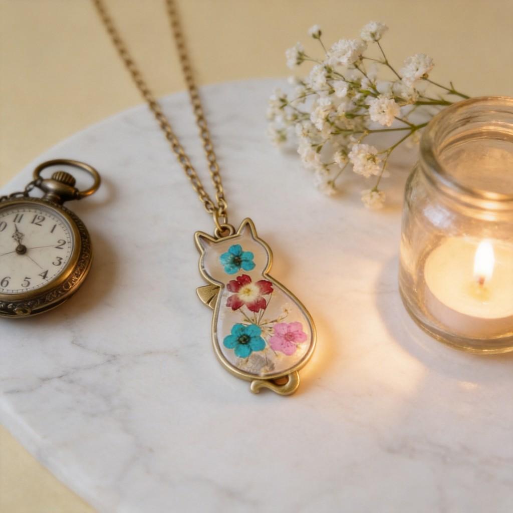 Collana con Ciondolo Gatto Fiori Secchi Naturali Fatto a Mano per Accessori Casual da Donna